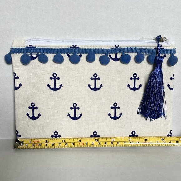 Anchor Pouch PomPom Canvas Navy Blue Nautical Print Zippered Storage Travel Bag - Picture 3 of 4